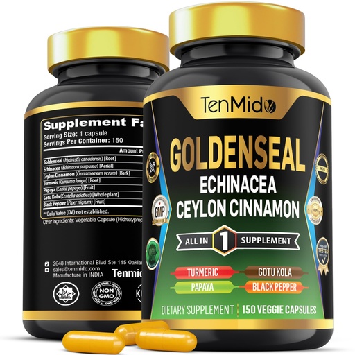 [BRSRAGD3DN7AICTB] Goldenseal Root Supplement - 7in1 Formula - Combine with Echinacea, Ceylon Cinnamon, Turmeric, Papaya, Gotu Kola & Black Pepper - Digestive Health Support - 150 Capsules for 5 Months Supply