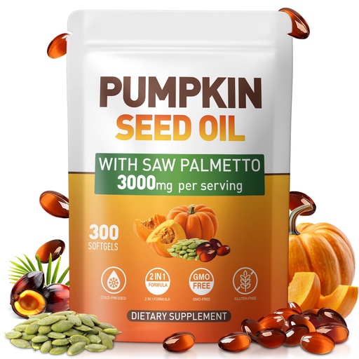 [BRSRECA3BAPGA23V] Pumpkin Seed Oil Capsules - Cold Pressed Pure Virgin Oil, Essential Fatty Acids and Plant Sterols | 300 Capsules | Supports Hair, Urinary Bladder and Prostate Health | Non-GMO