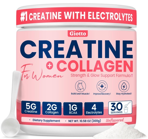 [BRSRGHDQAQJQADL5] Giotto Creatine Powder with Collagen, BCAAs & Electrolytes for Women – 5g Monohydrate Creatine Per Serving for Strength, Lean Muscle, Recovery & Hydration – Unflavored, 30 Servings