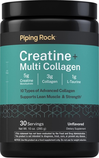 [BRSREGIBCJ6GKCL5] Piping Rock Creatine Monohydrate Powder | with Collagen and L-Taurine | 10 oz | Unflavored | for Women and Men | Non-GMO, Gluten Free
