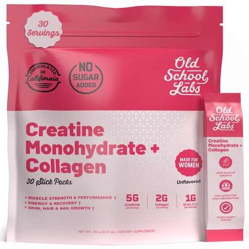 [BRSREHYRB4HRECDB] Old School Labs Creatine for Women – Post-Workout Supplement with 5000mg Creatine Monohydrate Powder, 2000mg Collagen & BCAA 2:1:1 for Strength Support & Recovery – Unflavored - 1 Ounce (Pack of 30)