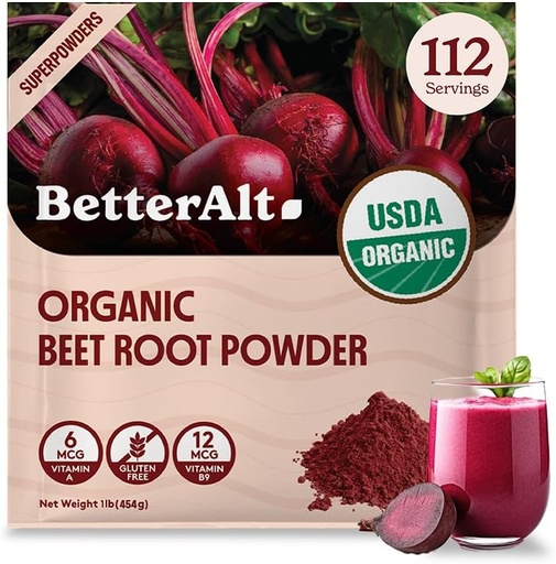 [BRSRO2TYOQMRA2A4] Better Alt Organic Beet Root Powder, USDA Certified - Nitric Oxide Supplement, Beet Juice Powder Superfood for Healthy Heart, Beetroot Supplement, Beetroot Powder - 112 Servings, 1 lb