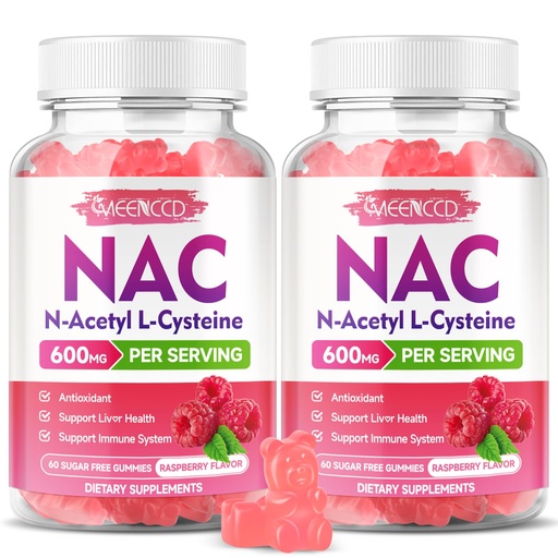[BRSRACD3AUFB43L7] MEENCCD 2 Pack NAC Gummies, N Acetyl Cysteine 600mg NAC Supplement for Antioxidants & Immune Support, Sugar-Free, Raspberry Flavor, 120 Count