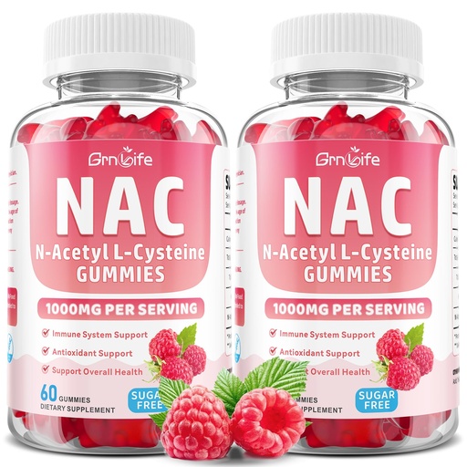 [BRSRACY7OF7BUHY3] 2 Pack NAC Gummies for Kids & Adults, 1000mg N Acetyl Cysteine Supplement NAC Chewable for Antioxidants & Immune Support, Liver Health, Raspberry Flavor, 120 Count