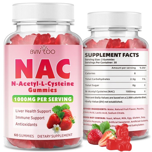 [BRSRACD3PIPRSYL4] Sugar-Free 1000mg NAC Gummies, N-Acetyl Cysteine Supplement for Antioxidants & Immune Support, 60 Vegan Gummies