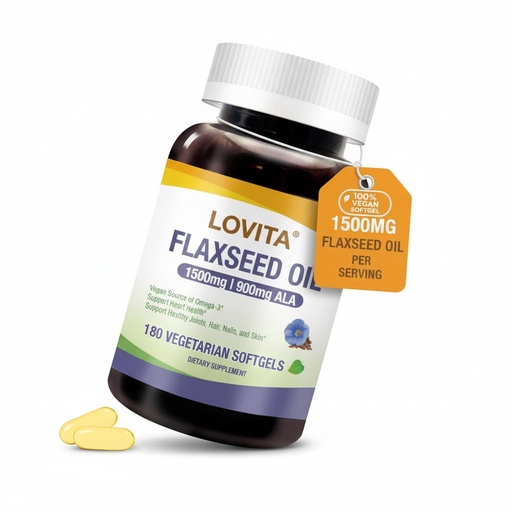 [BRSREYYHOZYQE3YZ] LOVITA Vegan Flaxseed Oil 1500mg with 900mg ALA Omega-3 6 9, Cold-Pressed Flax Seed Supplement, Support Heart, Brain, Joint & Skin Health, Non-GMO & Gluten Free, 180 Softgels
