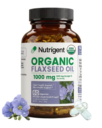 [BRSREYYPCN4BOGTF] USDA Certified Organic Flaxseed Oil 1000 mg, Cold Pressed 100% Pure with Plant-Based Omega 3 ALA Essential Fatty Acids for Heart & Skin Health, 60 Capsules