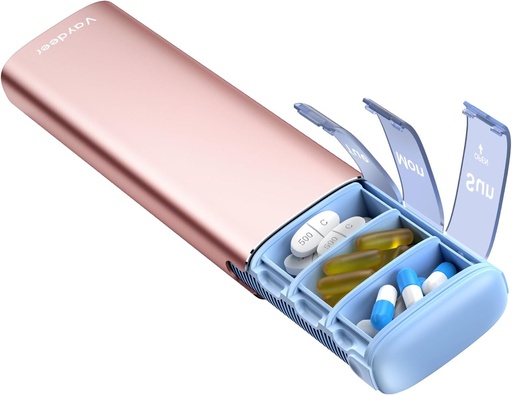 [BRSRAFAZAABGAYD6] Vaydeer Metal Travel Pill Organizer, 7 Day Weekly Pill Box, Large Capacity Daily Cute Pill Case for Supplements, Pills, Vitamins and Medication (Small, Rose Gold)