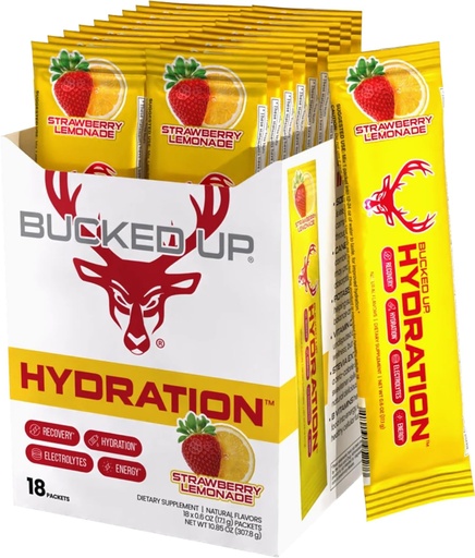 [BRSRE2YTDIBQ42D3] Bucked Up Hydration - Strawberry Lemonade | Electrolyte and Hydration Powder Drink Mix | 18 Packs (18 Servings)