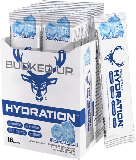 [BRSRE2YFBUJWA2TG] Bucked Up Hydration - Polar Blue | Electrolyte and Hydration Powder Drink Mix | 18 Packs (18 Servings)