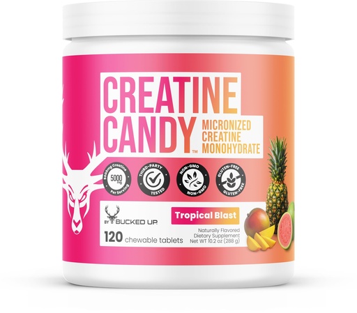 [BRSREBI5OR7BE3I2] Bucked Up Creatine Candy Tropical Blast | Micronized Creatine Monohydrate | 120 Chewable Tablets, 24 Servings | Fizzy Creatine No Water Needed | Non GMO Gluten Free Third Party Tested