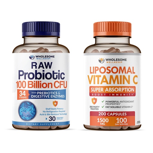 [BRSROCDRDMCAYAY6] Wholesome Wellness Organic Probiotics 100 Billion CFU, Dr Formulated for Women and Men + Liposomal Vitamin C Capsules (200 Pills 1500mg Buffered) High Absorption VIT C Bundle