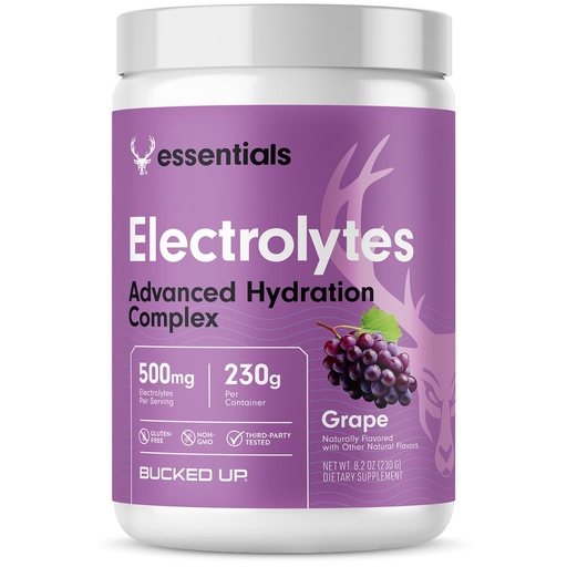 [BRSRGAADCIDQ4EI7] Bucked Up Essentials Electrolytes Grape | Advanced Hydration Complex with 500 mg Electrolytes Per Serving | Gluten Free Non GMO Third Party Tested Drink Mix | 230g (50 Servings)