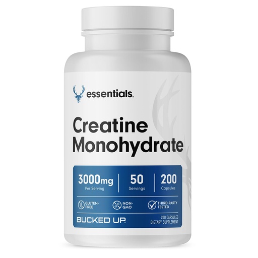 [BRSREBL5OADWKA3X] Bucked Up Essentials Creatine Monohydrate 3000mg | Micronized Creatine | Non GMO Gluten Free Third Party Tested | Daily Creatine Supplement Capsules (200 Capsules, 50 Servings)