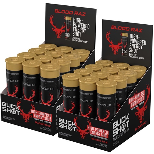 [BRSREZICDMCR6E3G] Bucked Up Buck Shot Energy Drink Shots | 200mg Natural Caffeine with Nootropic Blend | Non GMO Gluten Free Third Party Tested | Energy Focus Supplement | 24 Pack, 2x Cases of 12 | (Blood Raz)
