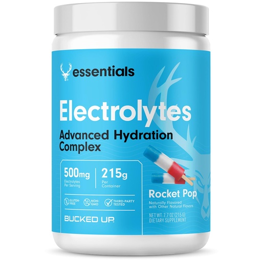 [BRSRGAADBMNWAYA4] Bucked Up Essentials Electrolytes Rocket Pop | Advanced Hydration Complex with 500 mg Electrolytes Per Serving | Gluten Free Non GMO Third Party Tested Drink Mix | 230g (50 Servings)