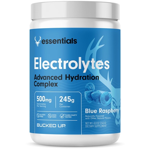 [BRSRGAADCEFRY2DO] Bucked Up Essentials Electrolytes Blue Raspberry | Advanced Hydration Complex with 500 mg Electrolytes Per Serving | Gluten Free Non GMO Third Party Tested Drink Mix | 230g (50 Servings)