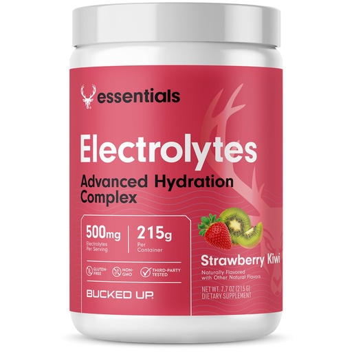 [BRSRGAADDEHRA2DF] Bucked Up Essentials Electrolytes Strawberry Kiwi | Advanced Hydration Complex with 500 mg Electrolytes Per Serving | Gluten Free Non GMO Third Party Tested Drink Mix | 230g (50 Servings)