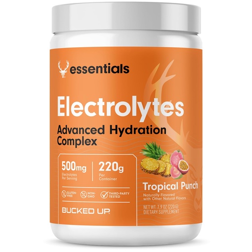 [BRSRGAADCQNAA3DA] Bucked Up Essentials Electrolytes Tropical Punch | Advanced Hydration Complex with 500 mg Electrolytes Per Serving | Gluten Free Non GMO Third Party Tested Drink Mix | 230g (50 Servings)