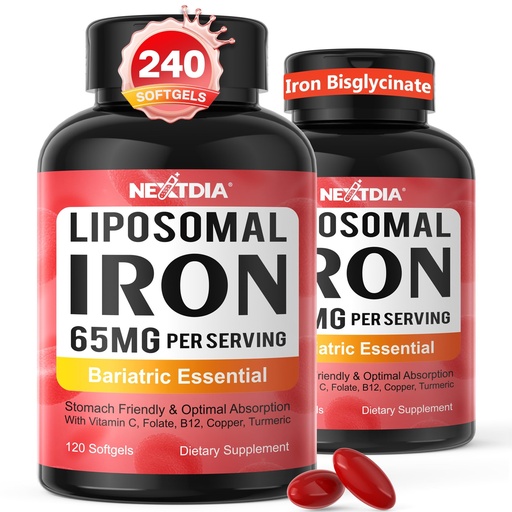 [BRSREHYCOVYQ23LF] Liposomal Iron (Ferrous Bisglycinate) 65mg + Vitamin C, Bariatric Multivitamin with Iron, Gentle & High Bioavailability, No Nausea, Supports Post Gastric Bypass & Sleeve, Easy to Swallow, 240 Softgels