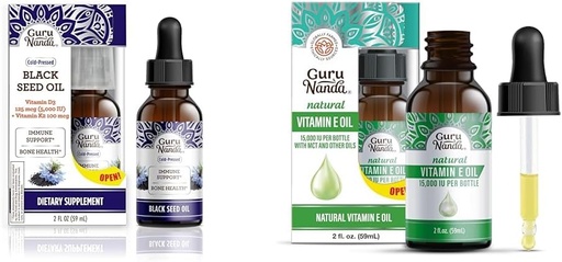 [BRSROCYOAR4B6C33] GuruNanda Black Seed Oil, Cold-Pressed Nigella Sativa - Rich in Vitamin D3 5000 Units, K2 & E & Vitamin E Oil (2 Fl Oz) - 100% Pure & Natural, 15,000 IU per Bottle for Skin, Hair, Face
