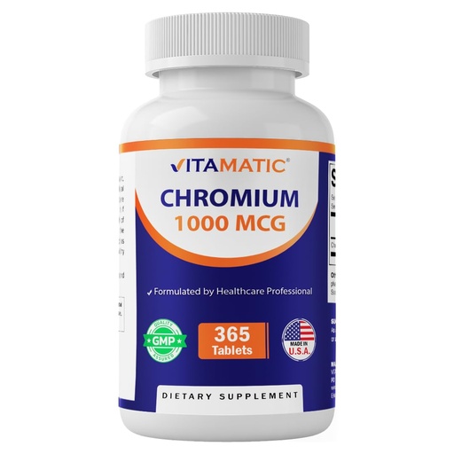[BRSREAQEBYGRMCDA] Vitamatic Chromium 1000 mcg | 365 Tablets | High Potency Chromium Picolinate | Non-GMO, Gluten Free