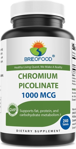 [BRSRMADRAQCRSDTH] Brieofood Chromium Picolinate 1000 mcg Pills - 240 Tablets - 240 Servings - Non-GMO, Gluten Free