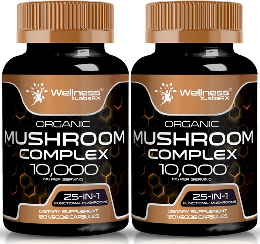 [BRSROBQNOAIB6YLV] WELLNESS LABSRX Mushroom Supplement Capsules 10:1 Extract, Mushroom Complex Capsules 1000mg, Lions Mane Supplement with Turkey Tail, Cordyceps, Reishi - 2 Pack