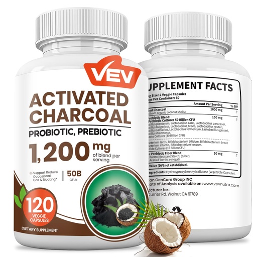 [BRSRACARAEPRY233] VEV Activated Charcoal with Organic Coconut Shell Charcoal & 50 Billion Probiotics – 120 Vegan Capsules for Digestive Wellness & Dietary Support