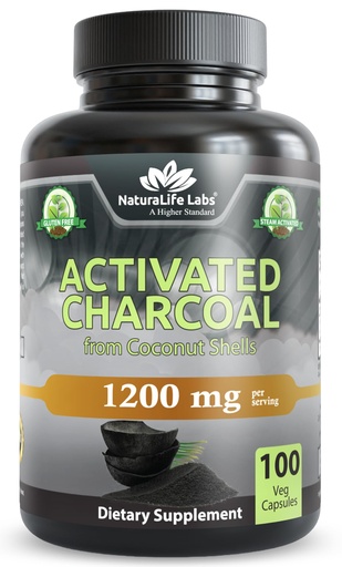 [BRSWG2Q5OB6GACTO] NaturaLife Labs Activated Charcoal 1200 mg per Serving – from Coconut Shells – 100 Veg Capsules – Non-GMO, Gluten-Free, Vegan