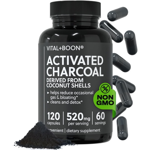 [BRSRGZ32DF7R42AY] Vital+Boon Activated Charcoal Pills – Derived from Coconut Shells – Black Charcoal Binder for Stomach, Gas & Bloating Relief – Gluten Free Vegetarian Active Carbon to Support Detox (120 Capsules)