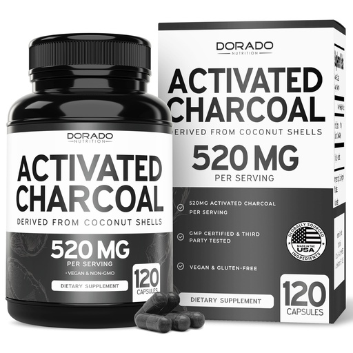 [BRSRABAECQBAEALX] Organic Activated Charcoal Pills (120 Capsules) Activated Charcoal Derived From Coconut Shells Support Bloating & Detox 520mg Per Serving for Women & Men - Third Party Tested - Non GMO & USA Made