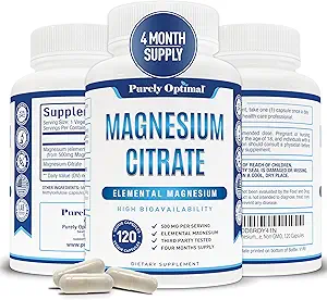 [BRSRA2Q3A4IGA2DD] Purely Optimal Magnesium Citrate 500mg – Magnesium Supplement for Digestive Health, Gentle Constipation Relief, Muscle & Sleep Support, Calm & Relaxation – High Absorption, 120 Easy-to-Swallow Caps
