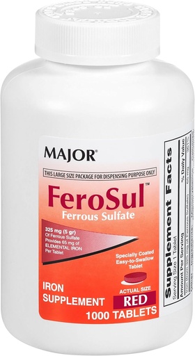 [BRSWKGY3CJ7QKGD4] Major FeroSul - Ferrous Sulfate 325 mg Tablets - Iron Supplement for Women and Men - Specially Coated Easy-to-Swallow Tablets - Red - 1000 Tablets