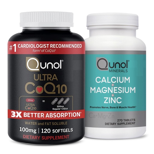 [BRSROGAOCMDQM3D2] Qunol CoQ10 100mg Softgels, 3X Better Absorption, Antioxidant for Heart Health & Energy Production, 4 Month Supply, 120 Count Magnesium 3 in 1 Tablets with Calcium, Magnesium & Zinc, 270 Count
