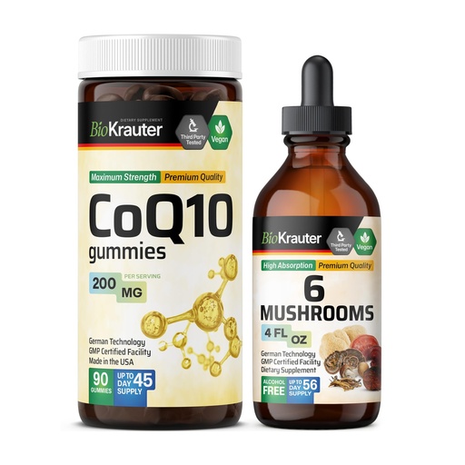 [BRSRAGAZCMFRUEQZ] BIO KRAUTER CoQ10 90 Gummies & 6 Mushrooms Tincture 4 Fl. Oz.