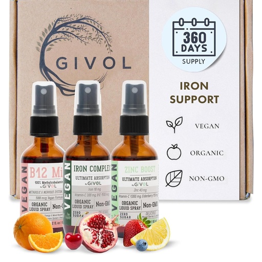 [BRSROAA6DMMRAHLV] Iron Support Spray Bundle Liquid Vitamin B12 Methylcobalamin, Zinc Picolinate, and Bisglycinate | Non-GMO, Gluten-Free, Sugar-Free Iron Supplement | 2 Fl Oz Each | 360 Days Supply