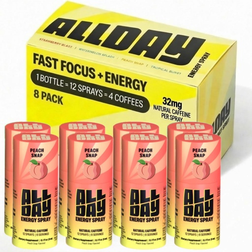 [BRSREGQ2CEMBGE33] Caffeine Spray, Promotes Focus and Energy (Peach Snap, 8 Bottles, 96 Sprays) | 32mg Natural Caffeine per Spray | Pocket-Size Energy Shot/Drink - Formulated with L-Theanine, Vitamin B12, & Vitamin D