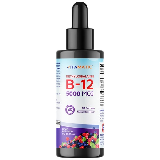 [BRSRO2TQO4PRE2DB] Vitamatic Fast-Acting Liquid Vitamin B12 – 5000 mcg Methylcobalamin – Natural Berry Flavor – Sublingual Formula for Enhanced Absorption – 2 fl oz