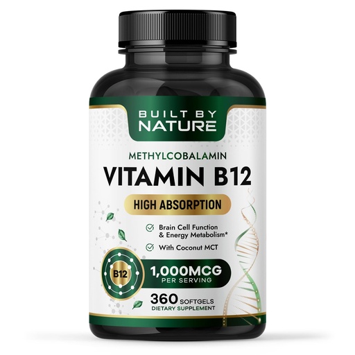 [BRSREZA7CV7Q4HLX] Built by Nature Vitamin B12 1000 mcg Methylcobalamin - Extra Strength Fast Dissolve Soft Gels for Energy Metabolism & Nervous System Health - Non GMO -1 Year Supply - 360 Softgels