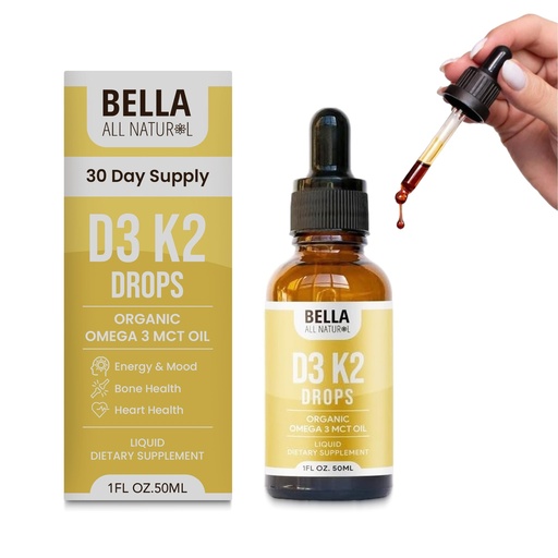 [BRSRECQHAUMRSG32] Bella All Natural Vitamin D3 K2 Liquid Drops 5000 IU (Unflavored) - Omega 3 with MCT Oil - Liquid Vitamin D Drops for Adults - This D3 K2 Drops Help Support Heart, Bone & Immune Health