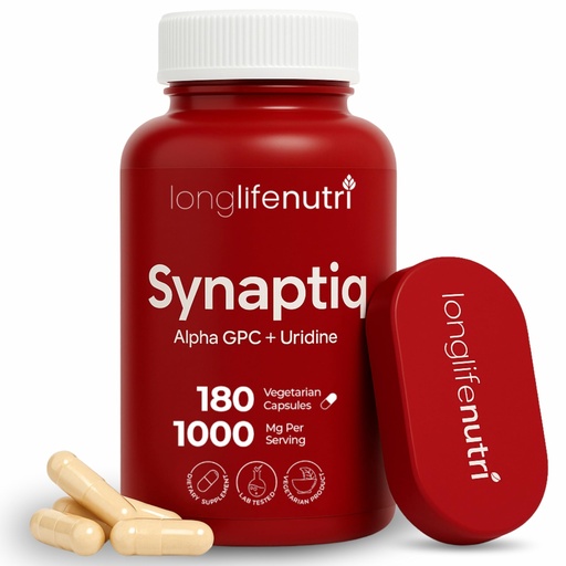 [BRSREYADAENBU23D] Synaptiq 1000mg (Alpha GPC + Uridine Monophosphate 600mg/400mg) - Nootropic Choline Supplement, 180 Vegetarian Capsules, 3-Month Supply, For Focus & Productivity, GMP Certified, Made in USA
