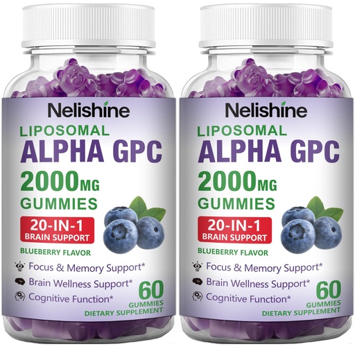 [BRSREBA2O4MRSYLB] 2 Pack Liposomal Alpha GPC 2000mg & Citicoline Gummies Complex Phosphatidylserine,Ginkgo Biloba,L-Tyrosine,Huperzine A & B Vitamins,20-in-1 Blend for Focus, Memory & Cognitive Support
