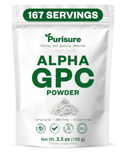 [BRSWGEDYCMNG2CL5] Purisure Alpha GPC Powder, Choline Supplement and Nootropics, Cognitive and Mood Support, Helps Stimulate Brain Focus, Memory Performance and Concentration, 100g, 167 Servings