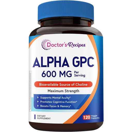 [BRSREAQ6CEHR6HQU] Doctor's Recipes Alpha GPC Choline Supplement 600 mg, Highly Bioavailable Source of Choline, Non-GMO, No Gluten, Memory, Focus, Cognitive Support for Women & Men, 120 Veggie Capsules