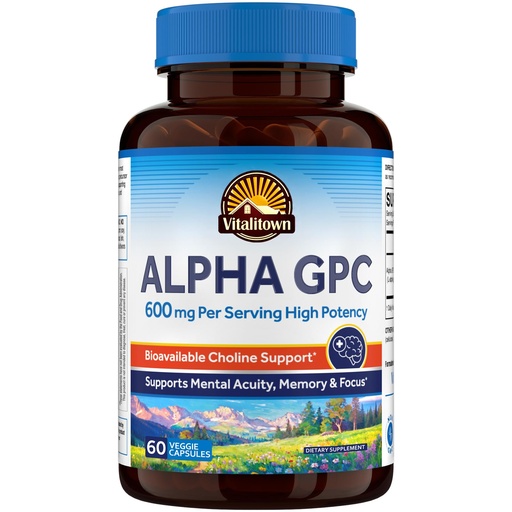 [BRSREAQRAENR4ALF] Vitalitown Alpha GPC Supplement 600 mg, Bioavailable Source of Choline, Acetylcholine Precursor, Non-GMO, for Brain Health, Memory, Focus & Cognitive Support, 60 Veg Caps