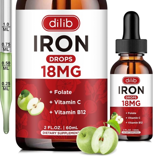 [BRSROFAFOIIWGC3B] Liquid Iron Supplement for Women & Men Iron Drops Iron Supplements for Anemia with Folate, Vitamin C, B12 for Red Blood Cell Support-Green Apple Flavor, 2 Fl Oz