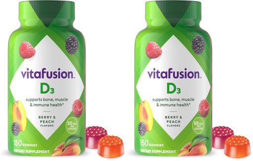 [BRSRGGQLCQJWKDLF] Vitafusion Vitamin D3 Gummies,Bone and Immune Support,Peach,BlackBerry,Strawberry Flavored,50 mcg D3 Gummy Vitamin Supplement,75 Day Supply,150 Count (Pack of 2)