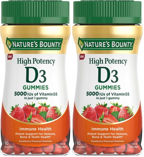 [BRSREBD4OIBBMYDF] Nature's Bounty Vitamin D 5000 IU Gummies, Vitamin D3 High Potency Immune Support & Bone Health Supplement, 5000 IU in 1 Gummy,Strawberry Flavor for Adults, 60 Vegetarian Gummies (Pack of 2)