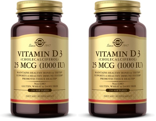 [BRSRGGQKBEFROETL] Solgar Vitamin D3 (Cholecalciferol) 25 MCG (1000 IU), 250 Softgels - Helps Maintain Healthy Bones & Teeth - Immune System Support - Non-GMO, Gluten-Free, Dairy Free - 250 Servings, (Pack of 2)